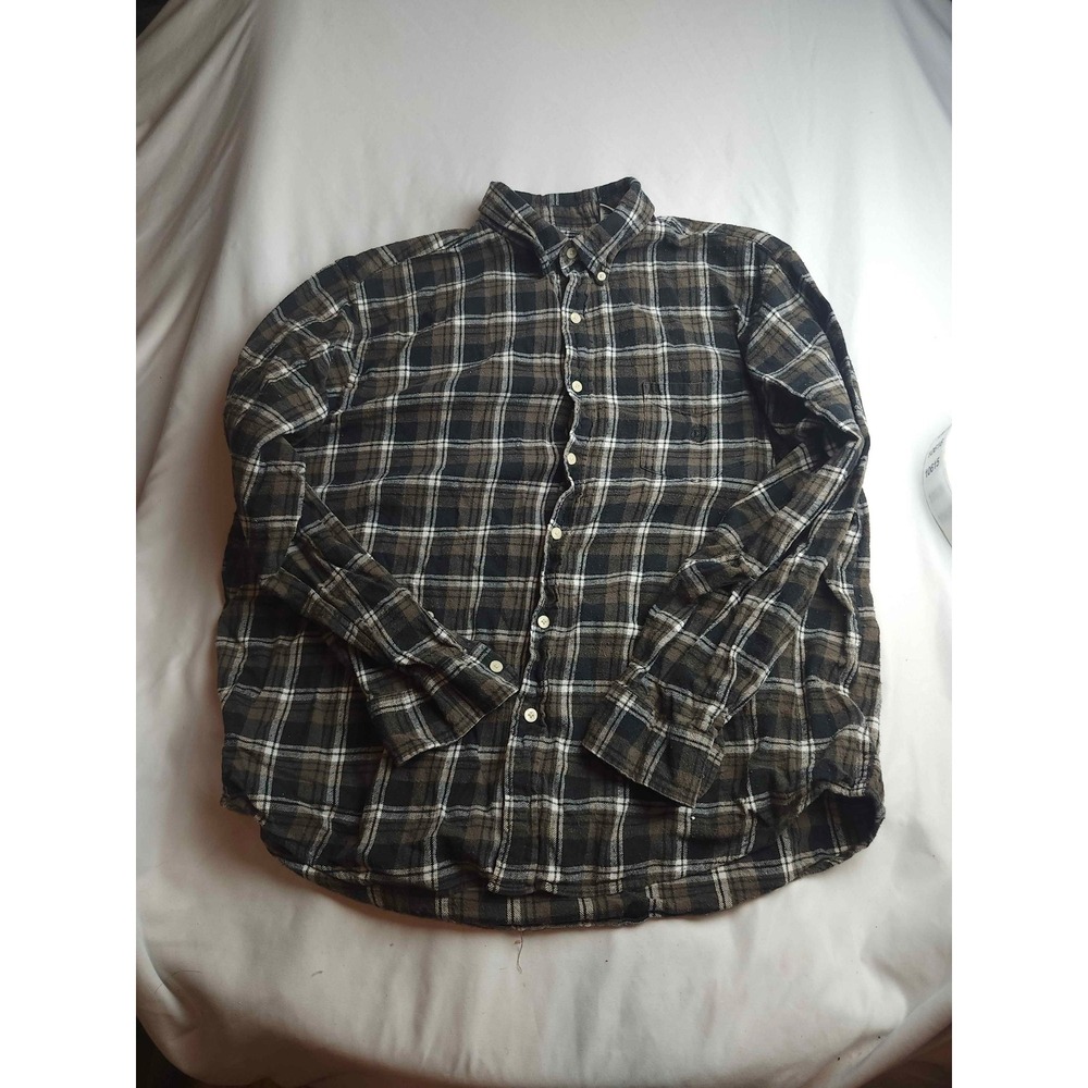 Chaps Mens XXL Plaid Flannel Shirt Olive Green Black White Long Sleeve Cotton